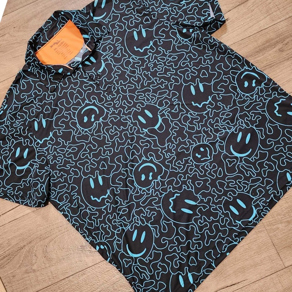 Birdie Bound Mens 3XL Performance Golf Polo Shirt Black Blue Melting Smiley Face